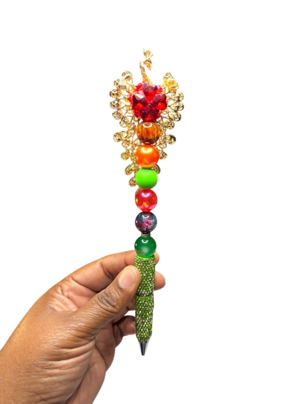 Handcrafted Gold Jeweled Rhinestone Peacock Crystal Pen - Multicolor Gem Accent - Picture 2 of 7